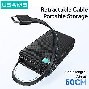 USAMS power bank CD224 με καλώδιο USB-C, 2x θύρες εξόδου, 10000mAh, 20W, μαύρο 10KCD22401