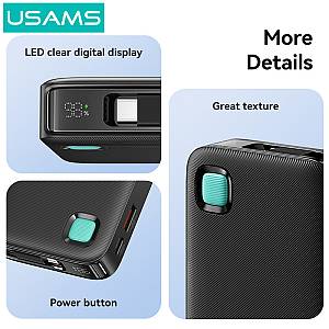 USAMS power bank CD224 με καλώδιο USB-C, 2x θύρες εξόδου, 10000mAh, 20W, μαύρο 10KCD22401