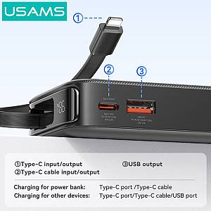 USAMS power bank CD225 με καλώδιο Lightning, 2x θύρες εξόδου, 10000mAh, 20W, μαύρο 10KCD22501