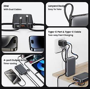 USAMS power bank CD228 με 2x καλώδια, 2x θύρες εξόδου, 10000mAh, 20W, γκρι 10KCD22801