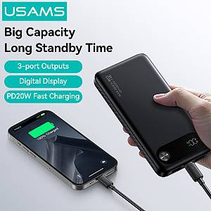 USAMS power bank CD249 με οθόνη, 3x θύρες εξόδου, 10000mAh, PD20W, μαύρο 10KCD24901