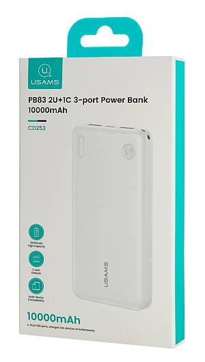 USAMS power bank CD253, 2x θύρες εξόδου, 10000mAh, 10W, λευκό 10KCD25302