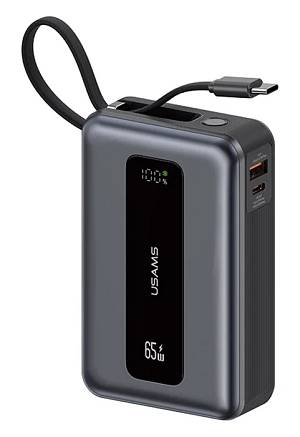USAMS power bank CD243 με καλώδιο USB-C, 2x θύρες εξόδου, 20000mAh, 65W, γκρι 20KCD24301