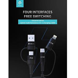 Devia - Extreme series EC504 speed multi functions 4 in 1 PD Cable 1,5m 60W 2,4A Black