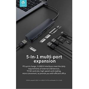 Devia - Leopard Type-C To 3 x USB3.0 + PD + Cardreader 5 In 1 HUB Gray