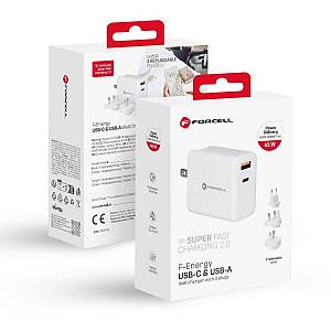 Forcell - 45W travel charger 3in1 Type C + USB A PD QC4. 0 3A 45W with replaceable plugs (EU / UK / US)