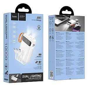 HOCO - J151 Powerbank 10000mAh with built in Cables USB A, USB C, Lightning, Micro USB Flashlight and LED Screen White