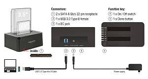 DELOCK docking station για 2.5 ή 3.5 SATA HDD/SSD 62661, 2 θέσεων, 6Gbps, clone function, μαύρο 62661