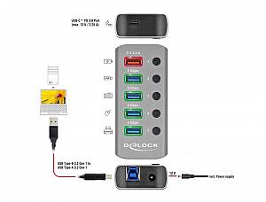 DELOCK USB hub 63263 με διακόπτες, 6x θυρών, 5Gbps, 12V/2.25A PD, γκρι 63263