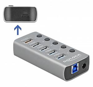 DELOCK USB hub 63263 με διακόπτες, 6x θυρών, 5Gbps, 12V/2.25A PD, γκρι 63263