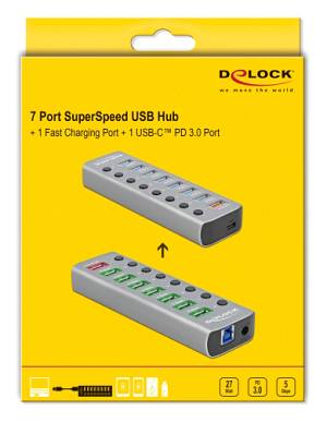 DELOCK USB hub 63264 με διακόπτες, 9x θυρών, 5Gbps, 12V/2.25A PD, γκρι 63264