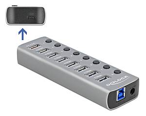 DELOCK USB hub 63264 με διακόπτες, 9x θυρών, 5Gbps, 12V/2.25A PD, γκρι 63264