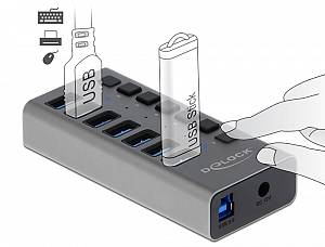 DELOCK USB hub 63669 με διακόπτες, 7x θυρών, 5Gbps, γκρι 63669