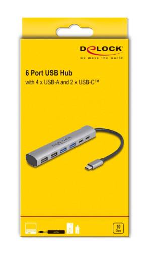 DELOCK USB hub 64232, 6x θυρών, 10Gbps, USB-C σύνδεση, γκρι 64232