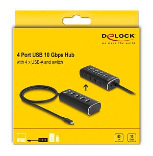 DELOCK USB hub 64233 με διακόπτες, 4 θυρών, 10Gbps, USB-C σύνδεση, μαύρο 64233