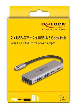 DELOCK USB hub 64239, 4x θυρών, 5Gbps, USB-C σύνδεση, γκρι 64239