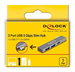 DELOCK USB hub 64275, 3x θυρών, 5Gbps, USB-C σύνδεση, γκρι 64275