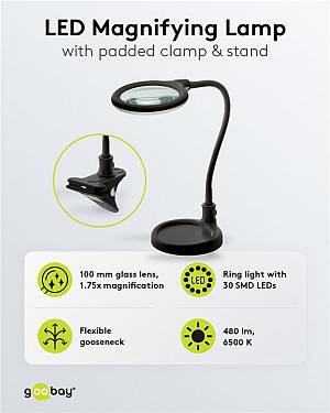 GOOBAY μεγεθυντικός φακός 64990 με κλιπ & βάση, LED, 3 διόπτρες 1.75x 64990