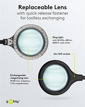 GOOBAY μεγεθυντικός φακός 64990 με κλιπ & βάση, LED, 3 διόπτρες 1.75x 64990