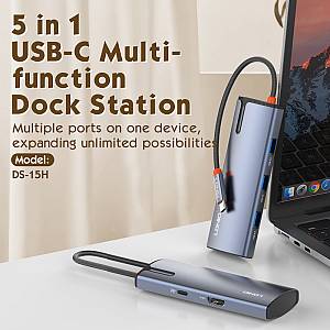 LDNIO docking station DS-15H, 5 θυρών, USB-C σύνδεση, 4K, 100W PD, γκρι 6933138601655