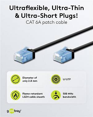 GOOBAY καλώδιο δικτύου 74230, CAT 6A U/UTP, ultra slim, copper, 500MHz, 0.15m, μαύρο 74230