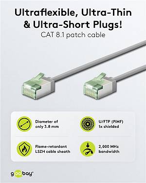 GOOBAY καλώδιο δικτύου 74346, CAT 8.1 U/FTP, ultra slim, copper, 40Gbps, 1m, γκρι 74346