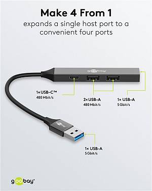 GOOBAY USB hub 74458, 4x θυρών, USB 3.2, 5Gbps, USB σύνδεση, γκρι 74458