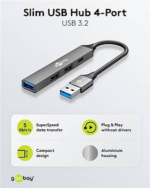 GOOBAY USB hub 74458, 4x θυρών, USB 3.2, 5Gbps, USB σύνδεση, γκρι 74458