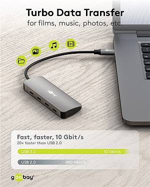 GOOBAY USB hub 76565, 4x θυρών, USB 3.2, 10Gbps, USB-C σύνδεση, γκρι 76565