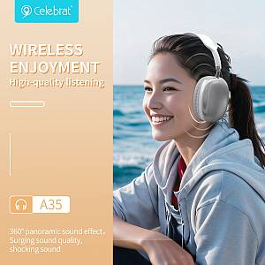 CELEBRAT headphones A35, ασύρματα & ενσύρματα, micro SD, 40mm, 200mAh, λευκά A35-SL