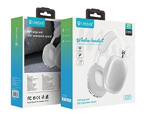CELEBRAT headphones A35, ασύρματα & ενσύρματα, micro SD, 40mm, 200mAh, λευκά A35-SL