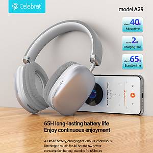 CELEBRAT headphones A39, ασύρματα & ενσύρματα, micro SD, 40mm, 400mAh, ασημί A39-SL
