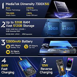 ULEFONE smartphone Armor 30 Pro, 6.95 & 3.4, 16/512GB, 5G, 12800mAh, IP68/IP69K, μαύρο ARMOR30PRO-BK
