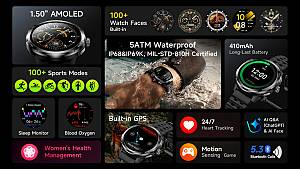 ULEFONE smartwatch Armor Watch Pro, 2x λουράκια, heart rate, 1.50 AMOLED, GPS, 5 ΑΤΜ/IP68/IP69K/MIL-STD-810H, μαύρο ARMORWATCHPRO-BK