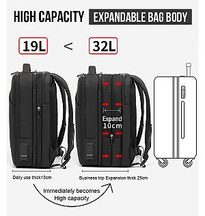 ARCTIC HUNTER τσάντα πλάτης B00345 με θήκη laptop 15.6, USB, 19-32L, μαύρη B00345-BK