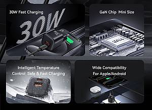 USAMS φορτιστής τοίχου CC263, USB & USB-C, 30W, GaN, μαύρος CC263TC01