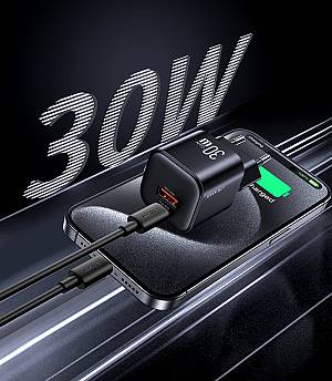 USAMS φορτιστής τοίχου CC263, USB & USB-C, 30W, GaN, μαύρος CC263TC01