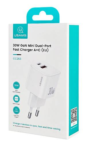 USAMS φορτιστής τοίχου CC263, USB & USB-C, 30W, GaN, λευκός CC263TC02