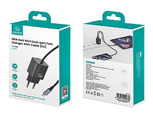 USAMS φορτιστής τοίχου CC264 με καλώδιο, USB-C, 30W, GaN, μαύρος CC264TC01