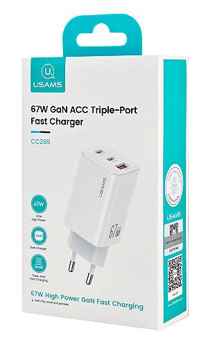 USAMS φορτιστής τοίχου CC265, USB & 2x USB-C, 67W, GaN, λευκός CC265TC02