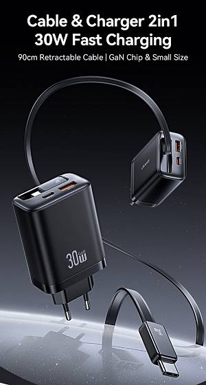 USAMS φορτιστής τοίχου CC296 με καλώδιο, USB & USB-C, 30W, μαύρος CC296TC01