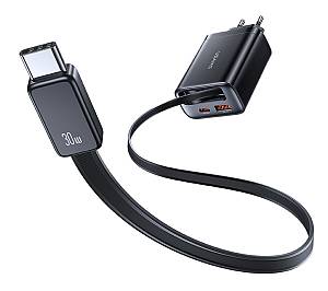 USAMS φορτιστής τοίχου CC296 με καλώδιο, USB & USB-C, 30W, μαύρος CC296TC01