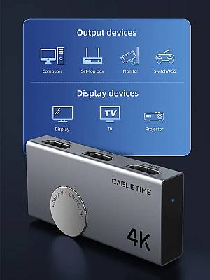 CABLETIME HDMI switch CT-HS4K2-AG, 2 σε 1, 4K/60Hz, bi-directional, γκρι CT-HS4K2-AG
