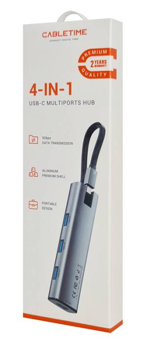 CABLETIME USB hub CT-HUBP4, 4x θυρών, 5Gbps, USB-C σύνδεση, γκρι CT-HUBP4-AG
