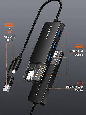 CABLETIME USB hub CT-HUBT3-PB, 4x θυρών, 5Gbps, USB/USB-C σύνδεση, μαύρο CT-HUBT3-PB