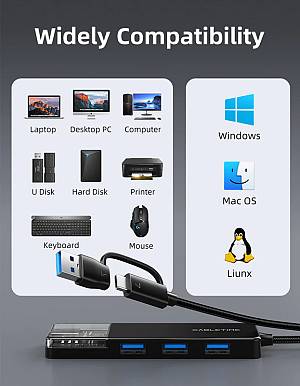 CABLETIME USB hub CT-HUBT3-PB, 4x θυρών, 5Gbps, USB/USB-C σύνδεση, μαύρο CT-HUBT3-PB