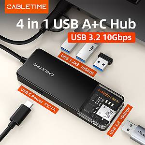 CABLETIME USB hub CT-HUBT5-PB, 4x θυρών, 10Gbps, USB/USB-C σύνδεση, μαύρο CT-HUBT5-PB