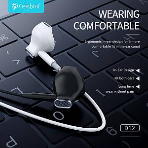 CELEBRAT earphones με μικρόφωνο D12, USB-C σύνδεση, Φ14.2mm, 1.2m, λευκά D12-WH