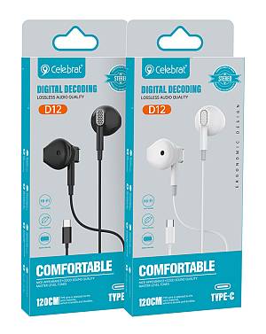 CELEBRAT earphones με μικρόφωνο D12, USB-C σύνδεση, Φ14.2mm, 1.2m, λευκά D12-WH