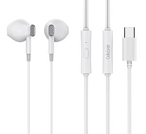 CELEBRAT earphones με μικρόφωνο D12, USB-C σύνδεση, Φ14.2mm, 1.2m, λευκά D12-WH